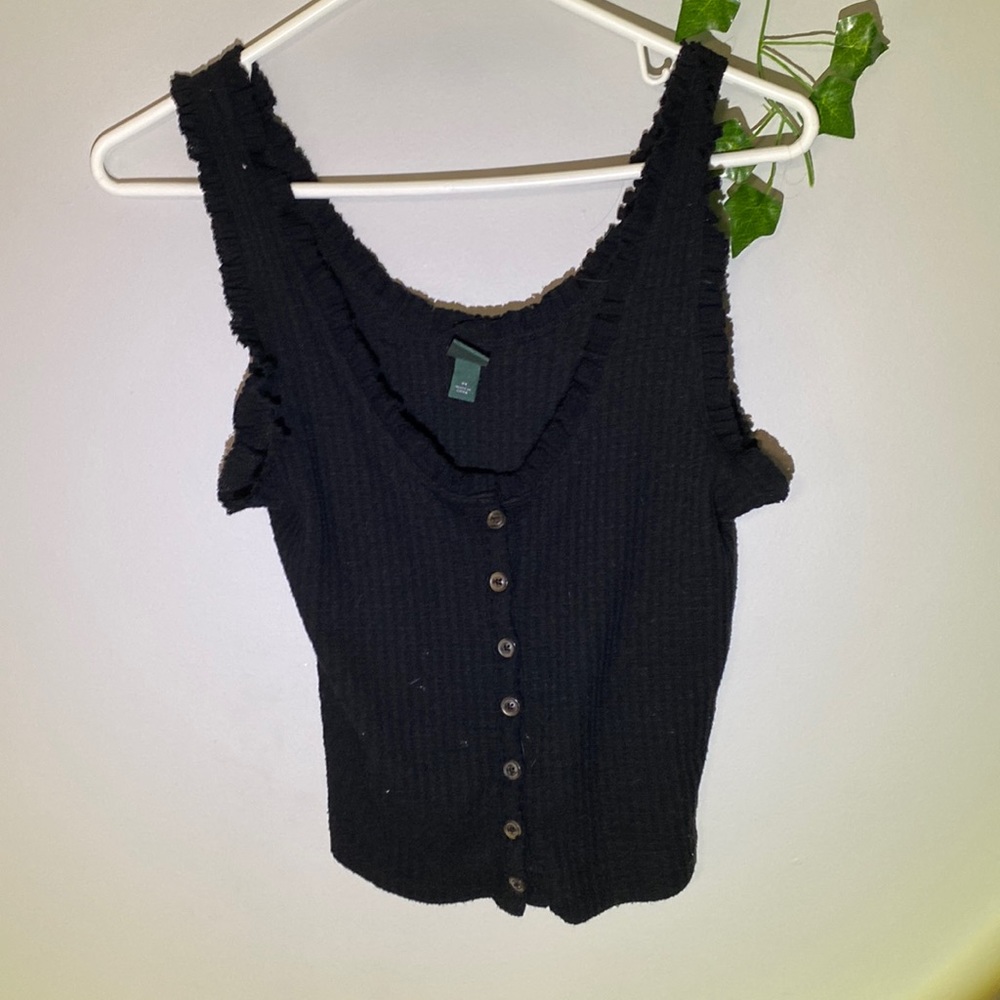 This is an all black button tank top.